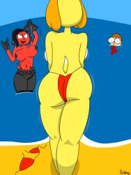 animal_crossing anthro beach bikini bikini_thong blood bodily_fluids bouncing_breasts breasts cherry_(animal_crossing) clothed clothing curlyboy devil_horns_(gesture) ear_piercing faceless_character faceless_female female gesture group hand_gesture hi_res human isabelle_(animal_crossing) male mammal motion_lines navel navel_piercing nintendo nipple_piercing nipples nosebleed piercing red_bikini red_clothing red_swimwear shocked shoreline signature spiderweb_(pattern) swimming swimwear tail topless topless_female trio two-piece_swimsuit undressing villager_(animal_crossing)