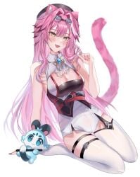 chattino_(raora_panthera) fan_mascot_(vtuber) goggles goggles_on_head hololive hololive_english hololive_english_-justice- kemonomimi panther_girl pink_hair raora_panthera virtual_youtuber yellow_eyes