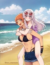 2girls ;d alternate_costume alternate_hairstyle bangs bare_midriff beach bikini black_bikini black_swimsuit breasts carrying carrying_partner cleavage crossed_arms female female_only fingerless_gloves fire_emblem fire_emblem:_three_houses fire_emblem_warriors:_three_hopes gloves hug leonie_pinelli long_hair lysithea_von_ordelia medium_breasts midriff multiple_girls nintendo ocean official_alternate_hairstyle one-piece_swimsuit one_eye_closed open_mouth orange_eyes orange_hair orange_nails outdoors piggyback pink_eyes purple_nails purple_one-piece_swimsuit purple_swimsuit rein_creamsoda short_hair shorts sideboob smile sunglasses sunglasses_on_head swimsuit water white_hair wholesome wink yuri