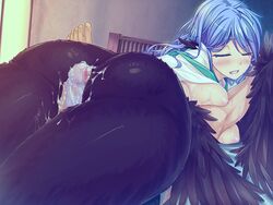 ass blue_hair blush breasts buttjob censored cg closed_eyes clothing covered_buttjob crotch_rub cum cum_on_ass cum_on_body cum_on_lower_body game_cg grinding harpy monster_girl outercourse penis penis_in_panties pov pov_ass precum thigh_sex thighs vanadis wings