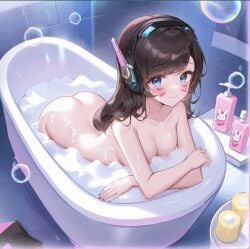 1girls ai_generated ass bath bathroom bra bubble cute d.va headgear overwatch overwatch_2 panties pink_panties washing