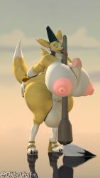 9:16 anthro ass balls bandai_namco big_balls big_breasts big_butt big_penis breasts brush clothing digimon digimon_(species) footwear genitals gynomorph hi_res high_heels huge_butt intersex jewelry nipples ok_bruh penis solo taomon thick_thighs tongue