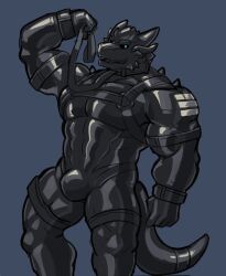 2023 4_horns anthro big_muscles biped black_sclera blue_eyes clothing collar curved_horn dragon drone glaucablitz harness hi_res horn latex latex_clothing latex_skinsuit leash leashed_collar looking_at_viewer male multi_horn muscular muscular_anthro muscular_male muscular_sub mythological_creature mythological_scalie mythology scalie skinsuit solo submissive submissive_anthro submissive_male tight_clothing