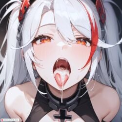 ai_generated artist_name bare_shoulders blush cross cum cum_in_mouth dark_hair dmk_meow female hair_between_eyes headgear iron_cross long_hair looking_at_viewer multicolored_hair open_mouth orange_eyes prinz_eugen_(azur_lane) solo streaked_hair teeth tongue tongue_out two_side_up