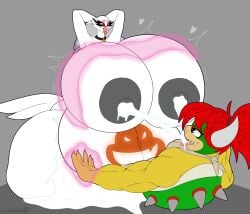 absurd_res anthro avian big_belly big_breasts bodily_fluids breast_squeeze breast_squish breasts cum cum_inside demon duo excessive_cum excessive_genital_fluids female genital_fluids helluva_boss hi_res huge_breasts hyper hyper_breasts inflation koopa lactating male male/female mario_(series) milk nintendo owl_demon projectile_lactation scalie sex squeezing squish stella_(helluva_boss) stemingbunbun