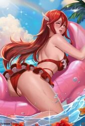 1girls :d afloat alternate_costume ass back bare_arms bare_back bare_legs barefoot bent_over bikini bikini_aside bikini_bottom_aside bikini_skirt blush breasts clothing_aside cloud cordelia_(fire_emblem) cordelia_(summer)_(fire_emblem) day exlic female female_only fire_emblem fire_emblem_awakening fire_emblem_heroes floating_object flower from_behind hair_between_eyes highres inflatable_raft inflatable_toy large_ass legs long_hair looking_at_viewer looking_back medium_breasts nintendo ocean official_alternate_costume one_eye_closed open_mouth orange_eyes orange_flower outdoors palm_tree pussy rainbow red_bikini red_hair red_swimsuit sky smile solo straddling sunlight swimsuit swimsuit_aside thick_thighs tree uncensored very_long_hair water wet wing_hair_ornament