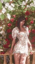 1girls 3d arm_support black_hair blender breasts dress female female_only final_fantasy final_fantasy_vii final_fantasy_vii_rebirth final_fantasy_vii_remake flower flowers garden hi_res light_smile long_hair looking_at_viewer no_bra outdoors red_eyes ria-neearts rose_(flower) roses smile standing summer sunny thighs tifa_lockhart