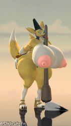 9:16 anthro ass bandai_namco big_breasts big_butt breasts brush clothing digimon digimon_(species) female footwear genitals hi_res high_heels huge_butt jewelry nipples ok_bruh pussy solo taomon thick_thighs tongue