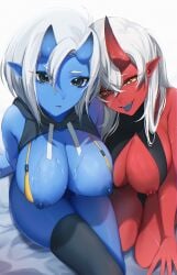 2demons 2girls akumi big_breasts blue_oni demon demon_girl demon_girls demon_horns demoness demons female female_only multiple_girls nipple_piercing nipples oni oni_horns onivia red_oni tongue tongue_out virtual_youtuber vyugen yoclesh yuri