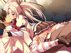 1boy 1girls blue_eyes blush censored cum cum_on_clothes cum_on_stockings cum_on_thighs cumming elisabeta_dracula female game_cg kissing makapara!_~anoyo_de_mecha_mote~ male oozing orgasm panties penis pointy_ears skirt striped striped_legwear tagme thighhighs underwear uniform