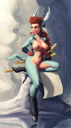 2011 anthro armed big_breasts black blue blue_eyes breasts curly_hair female goat hair hooves horn lips long_hair navel nipples nude pussy red_hair sitting smile solo spread_legs spreading stone sword tail thighs water weapon wide_hips zaggatar