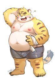 1boy 2024 absurd_res anthro bara belly big_belly blush bulge clothing fat fat_belly fat_man felid heart_symbol hi_res hikoero777 kemono male male_only mammal moobs navel nipples obese obese_male one_eye_closed overweight overweight_male pantherine simple_background solo tiger towel underwear white_background wink