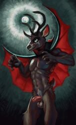 abs absurd_res anthro antlers balls cape cervine clothing deer erection genitals hi_res horn looking_at_viewer looking_up mammal momamo panko_(lawyerdog) pecs penis spots vampire