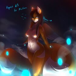 anthro black_nose blue_eyes breasts brown_hair canine english_text eye_patch facial_markings female fire fox fur furry glowing hair heart hybrid kanel khana long_hair looking_at_viewer magic mammal markings midriff multi_tail navel nipples nude pinup pose pussy solo standing tail text wings