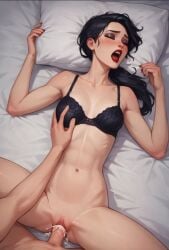 ai_generated bed black_hair closed_eyes cum cum_in_pussy cum_inside cumming cumming_together dominant_male female game_cg groping laying_on_bed looking_at_viewer missionary_position moaning orgasm penetration penis_in_pussy pov sex starflint_descent submissive_female threadweaver underwear