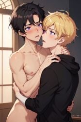 ai_generated black_hair black_hair_bottom blonde_hair blonde_hair_on_black_hair blonde_hair_top domination gay in_keotom light_hair_on_dark_hair purple_eyes salca thomas