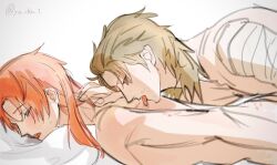 2boys abuto bite_mark bite_marks blush brown_hair from_behind gay gintama hair_down implied_anal implied_sex kamui_(gintama) licking long-haired_male long_hair male male_only mullet on_bed on_stomach orange_hair yaoi yu_chio_1
