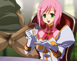 akagi blush cum estellise_sidos_heurassein fat_man green_eyes open_mouth penis pink_hair pubic_hair smile tales_of_(series) tales_of_vesperia