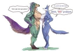absurd_res anthro big_breasts blue_body blue_fur breast_squish breast_to_breast breasts canid canine canis canyne capcom dinosaur dragon duo english_text extinct feathers female female/female fur genitals green_body green_scales hi_res huge_breasts lemonbizate_(artist) mammal monster_hunter muscular muscular_anthro mythological_creature mythological_scalie mythology nude palamute plump_labia prehistoric_species profanity pussy reptile scales scalie seikret squish tail text white_body white_fur wild_ride