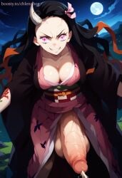 ai_generated chlenobog cumming demon_slayer futanari horn huge_balls huge_breasts huge_cock kamado_nezuko kimetsu_no_yaiba looking_at_viewer moon nezuko_(demon_form) outdoors smile veiny_penis