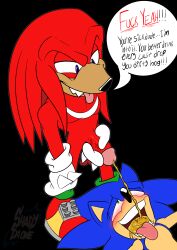 absurd_res anthro blush bodily_fluids dialogue duo echidna english_text eulipotyphlan genital_fluids genitals hedgehog hi_res knuckles_the_echidna male male/male mammal monotreme peeing penis sega shadydaone sonic_(series) sonic_the_hedgehog sonic_the_hedgehog_(series) text urine urine_in_mouth vein veiny_penis watersports