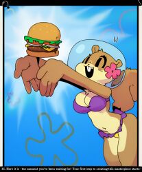 1girls anthro bra breasts brown_fur burger comic dialogue female flower fluffy_tail food furry gats happy helmet krabby_patty mammal nickelodeon open_mouth rodent sandy_cheeks solo solo_female spongebob_squarepants squirrel tail tree_squirrel underwater