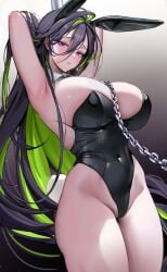 1girls 2020s 2024 2d 2d_(artwork) armpit big_breasts big_thighs black_clothing breasts bunny_ears bunny_suit cameltoe cleavage female female female_focus female_only goddess_of_victory:_nikke green_hair guilty_(nikke) hi_res highres hips large_breasts large_thighs light-skinned_female light_skin looking_at_viewer midriff mikan03_26 navel pink_eyes playboy_bunny pole purple_hair thick_thighs thighs wide_hips