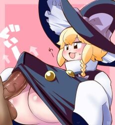 1boy :3 :3d arrow_(symbol) black_eyes black_hat black_vest blonde_hair blush bow braid breasts bulge buttons commentary_request cookie_(touhou) dated erection erection_under_clothes female hat hat_bow highres huge_breasts itini-sanshi kirisame_marisa looking_at_another medium_bangs open_mouth penis penis_under_another's_clothes pink_background shirt short_hair single_braid sleeves_past_fingers sleeves_past_wrists solo_focus straight sweatdrop testicles touhou turtleneck turtleneck_shirt uncensored upper_body vest white_shirt witch_hat yuuhi_(cookie)