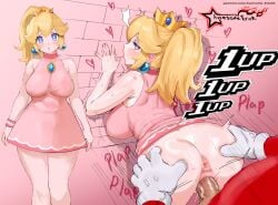 1boy absurdres against_wall anus ass ass_grab awesomeerix bare_shoulders bent_over blonde_hair blue_eyes blush breasts brooch clothed_sex crown dress earrings female highres jewelry large_breasts long_hair looking_at_viewer looking_back mario mario_(series) mario_tennis mario_tennis:_ultra_smash multiple_views penis pink_dress ponytail princess_peach pussy sex straight thighs vaginal_penetration