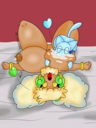 3:4 anthro big_breasts blue_body bodily_fluids breast_milking breast_play breast_sucking breasts brown_body brown_nipples celes_(celes_the_whim) creep555 duo female generation_1_pokemon generation_5_pokemon heart_symbol hi_res huge_breasts lactating legendary_pokemon male male/female mew mew_(pokemon) milian_(mew_lindo) nintendo nipple_fetish nipple_play nipple_suck nipples pokemon pokemon_(species) scarf sucking whimsicott yellow_eyes