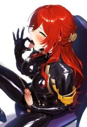 ai_generated blowjob_gesture bodysuit futanari futanari/female futanari_masturbation gerumusi himeko_(honkai:_star_rail) latex_suit looking_at_viewer open_mouth penis_grab red_hair sitting_on_chair spread_legs tongue_out twitching_penis yellow_eyes