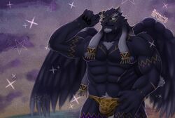 anthro biped bulge chest_tuft claws clothed clothing dark_body dark_fur detailed_bulge duckaphion felid feline fur hair hi_res jaguar lifewonders male male_anthro mammal muscular muscular_male nipples pantherine pecs solo speedo swimwear tezcatlipoca_(tas) tokyo_afterschool_summoners topless topless_male tuft white_hair yellow_body yellow_fur