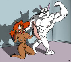 anthro balls bear big_breasts breasts canine erection female fur furry gloves hair julie_bruin long_hair male muscles nipples nude orange_hair penis pitbull pubic_hair teer tiny_toon_adventures