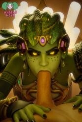 3d 3d_(artwork) blender blender_(software) blender_cycles blowjob blowjob_face clothed_female_nude_male eye_contact female/male femdom male_pov medusa medusa_widowmaker overwatch overwatch_2 pov pov_eye_contact undead_h34d widowmaker