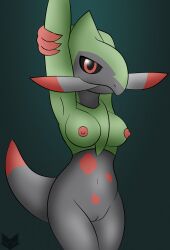 anthro areola black_sclera breasts dinosaur dipstick_tail dragon extinct female fraxure generation_5_pokemon genitals gradient_background green_breasts hand_on_elbow hi_res looking_at_viewer markings mythological_creature mythological_scalie mythology navel nintendo nipples nude pokemon pokemon_(species) pokemorph prehistoric_species pussy raised_arm red_eyes red_nipples red_tail_tip reptile scalie simple_background smile solo tail tail_markings tusks zinzoa