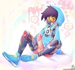 1boy cosplay cum cumshot femboy graffiti_tracer hoodie_(artist) male masturbating max_(hoodie) overwatch overwatch_2 short_hair skinny solo thighhighs thighs tracer_(cosplay) young