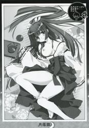 1girls blush breast_slip breasts carnelian highres japanese_clothes kao_no_nai_tsuki kuraki_suzuna legs long_hair long_legs lying miko monochrome nipples one_breast_out pointy_chin ponytail text thighs tied_hair