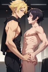 ai_generated black_hair black_hair_bottom blonde_hair blonde_hair_on_black_hair blonde_hair_top domination gay in_keotom light_hair_on_dark_hair purple_eyes salca thomas two_boys