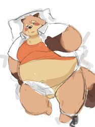 2024 anthro balls belly big_belly blush brown_body canid canine genitals ginsingoo1 hi_res kemono lying male mammal masaya_tamazaki ore_no_kareshi overweight overweight_male pillow raccoon_dog solo tanuki