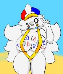 5_fingers anthro bandage big_breasts bikini breasts clothing elizabeth_(novice_sfw) female fingers generation_4_pokemon mlt nintendo pokemon pokemon_(species) solo swimwear togekiss tongue tongue_out two-piece_swimsuit white_body white_eyes wings