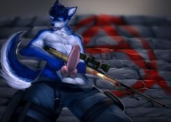 angiewolf animal_genitalia animal_penis anthro balls canine canine_penis clothed clothing erection glowing glowing_eyes gun low-angle_view male male_only mammal pants_down partially_clothed penis precum ranged_weapon rifle sniper_rifle solo weapon