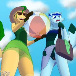 1:1 absurd_res anthro bag ball beach_ball big_breasts bikini bikini_top blue_body blue_clothing blue_eyes blue_fur bottomless bottomwear breasts brown_eyes clitoris clothed clothing duo eeveelution eyewear female fur generation_4_pokemon genitals glaceon green_body green_clothing green_fur hair hat headgear headwear hi_res inflatable leafeon lisa_devellis low-angle_view marissa_reinhart nintendo pattern_clothing plump_labia pokemon pokemon_(species) pussy scoutthecat02 shirt skirt sky_background smile sun_hat sunglasses swimwear tan_body tan_fur tank_top thick_thighs topwear towel towel_wrap two-piece_swimsuit under_boob upskirt worm's-eye_view