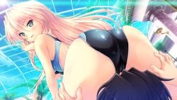 ass blonde_hair ermalit_de_blanchefort facesitting game_cg green_eyes long_hair looking_back love_2_quad male naruse_hirofumi straight swimsuit