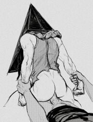 2boys anal ass bara bottomless cropped_legs from_behind grabbing_another's_arm greyscale helmet highres male_focus monochrome multiple_boys muscular muscular_male object_head pyramid_head reverse_cowgirl_position sex silent_hill silent_hill_2 smokerichi solo_focus straddling uncensored yaoi