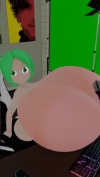 3d 3d_(artwork) 3d_animation animated blender breast_expansion breast_inflation fuku_(squidly) gamer_chair green_eyes green_hair looking_at_viewer nude_female setup shortstack sitting sound squidly tagme video white_skin