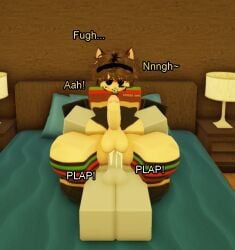 1boy 1femboy 2boys 3d anal bed bedroom brown_hair burger_king catboy cum cum_in_ass femboy furry gay male_on_femboy male_on_male roblox roblox_avatar robloxian thighhighs uniform