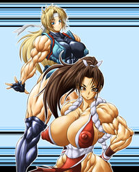 breasts erect_nipples extreme_muscles fatal_fury female female_only highres huge_breasts huge_nipples human king_of_fighters mai_shiranui martial_champion multiple_females multiple_girls muscle muscular_female nipples purukogi racheal