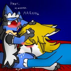 anthro blush blush_lines bodily_fluids canid canine cozyhug cum cum_in_mouth cum_inside duo ejaculation english_text fellatio fox generation_4_pokemon genital_fluids interspecies kai_(cozyhug) lucario lucky_(cozyhug) male male/male mammal nintendo oral orgasm penile pokemon pokemon_(species) pokephilia sex text