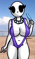 alternate_version_available bald bald_female beach belly belly_button big_breasts bikini black_eyes chetoh claire_(chetoh) cleavage egg female ice_cream necklace oc original original_character purple_bikini real_background sling_bikini smile smiling smiling_at_viewer white_body