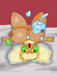 3:4 anthro big_breasts blue_body breast_play breast_sucking breasts brown_body brown_nipples celes_(celes_the_whim) creep555 duo female generation_1_pokemon generation_5_pokemon heart_symbol hi_res huge_breasts legendary_pokemon male male/female mew mew_(pokemon) milian_(mew_lindo) nintendo nipple_fetish nipple_play nipple_suck nipples pokemon pokemon_(species) scarf sucking whimsicott yellow_eyes